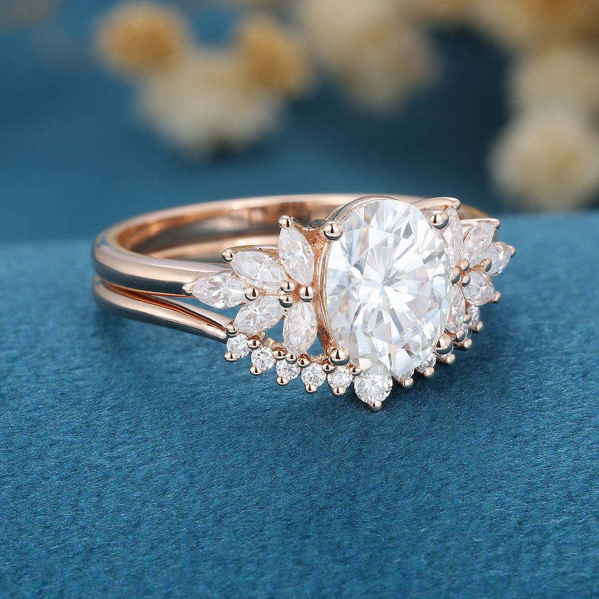Oval cut Moissanite Cluster Engagement ring Bridal Set 