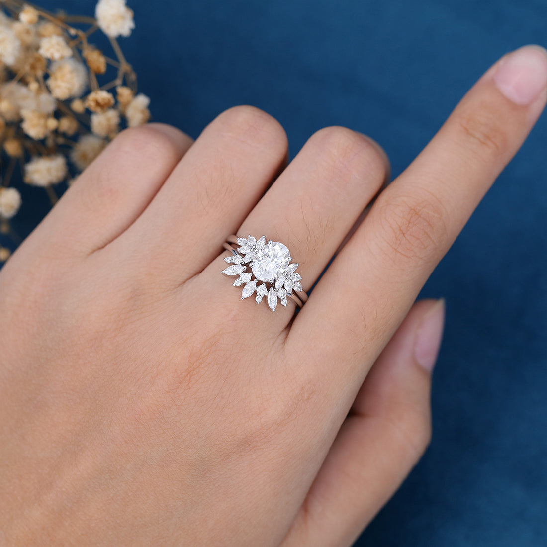 Oval cut Moissanite Cluster Engagement ring Bridal Set