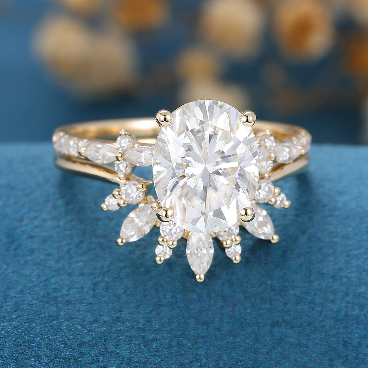 Oval cut Moissanite Engagement ring Bridal Set 