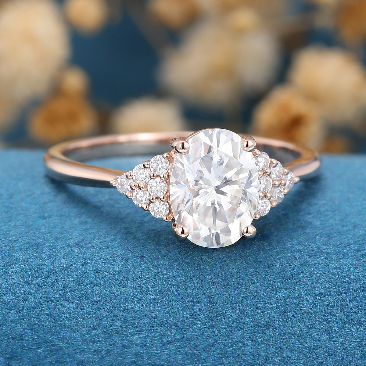 1.5 Carat Vintage Oval cut Moissanite Cluster Engagement Ring 