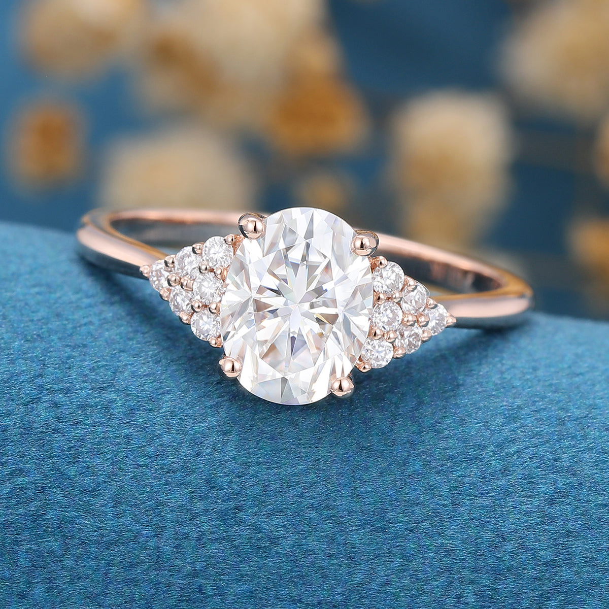1.5 Carat Vintage Oval cut Moissanite Cluster Engagement Ring 
