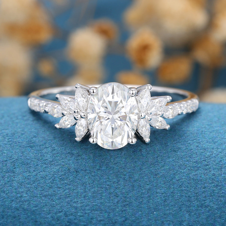 Oval cut Moissanite Cluster Half Eternity  Engagement Ring 