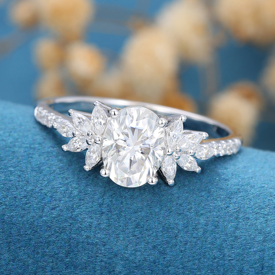 Oval cut Moissanite Cluster Half Eternity  Engagement Ring 