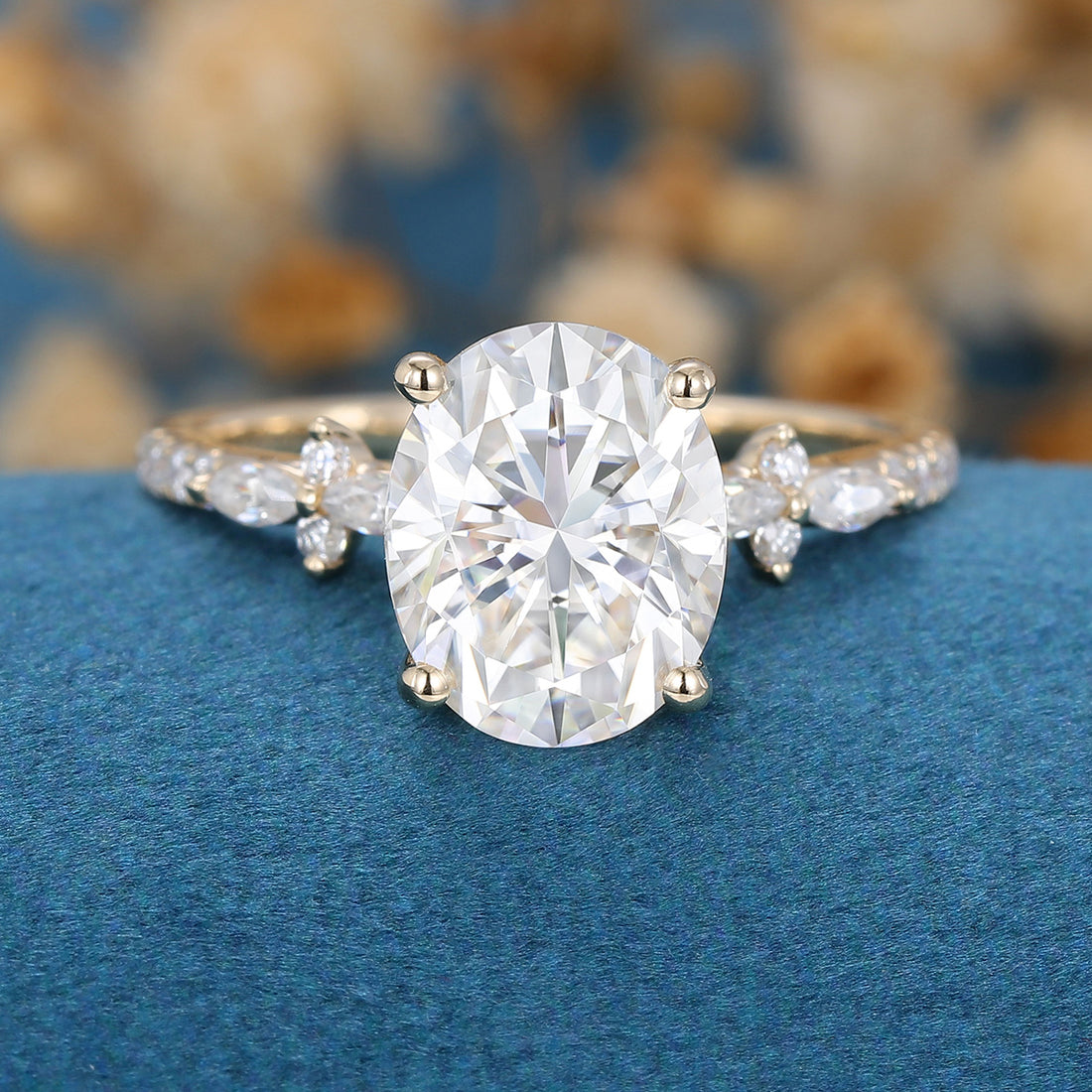 Oval cut Moissanite Half eternity Engagement Ring 