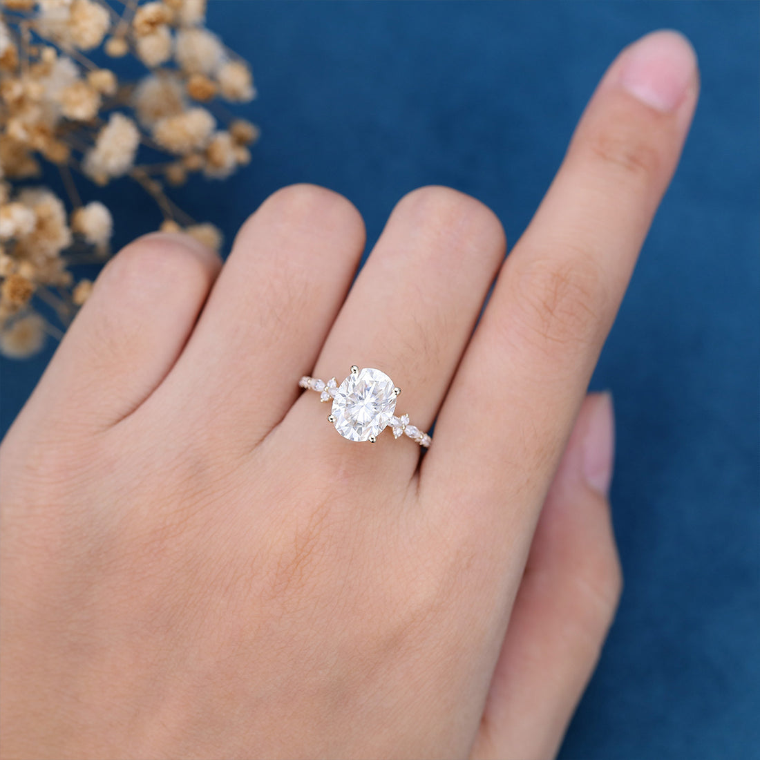 Oval cut Moissanite Half eternity Engagement Ring 