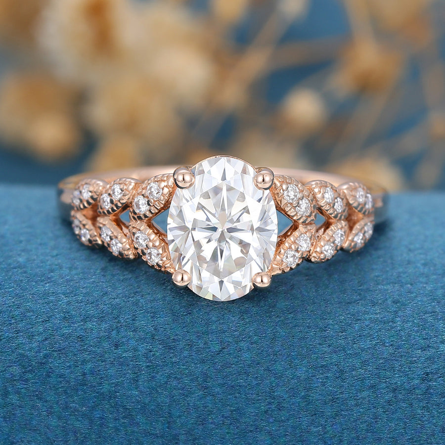 Oval Moissanite  Art deco Engagement ring Bridal Set 