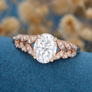 Oval Moissanite  Art deco Engagement ring Bridal Set 