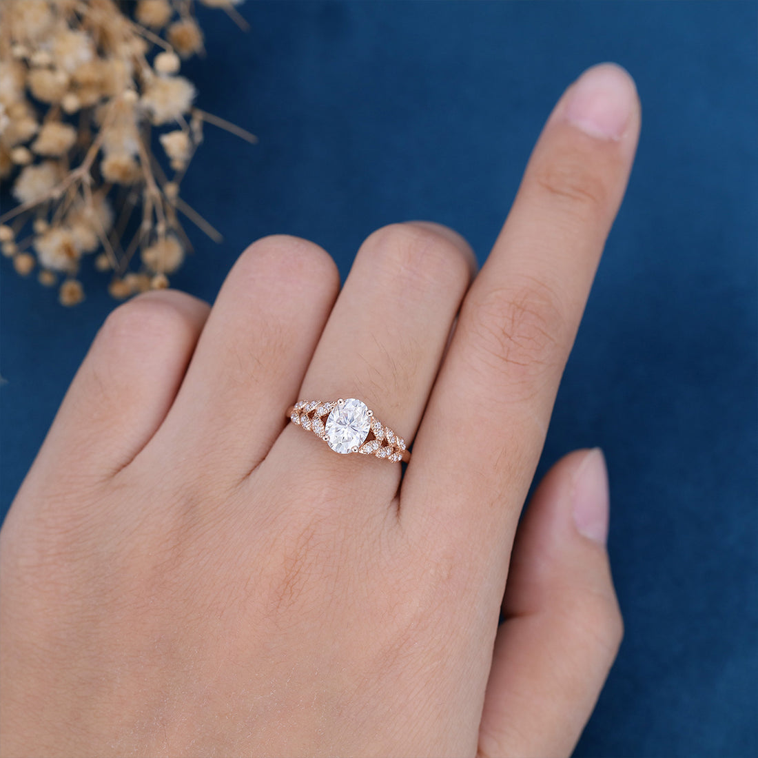 Oval Moissanite  Art deco Engagement ring Bridal Set