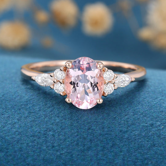 Oval cut Morganite Cluster Engagement ring 