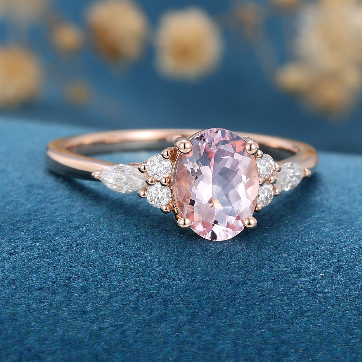 Oval cut Morganite Cluster Engagement ring 