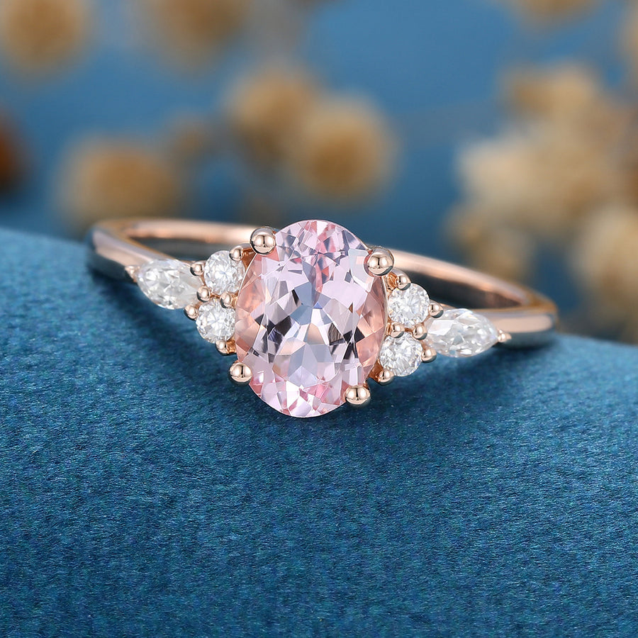 Oval cut Morganite Cluster Engagement ring 