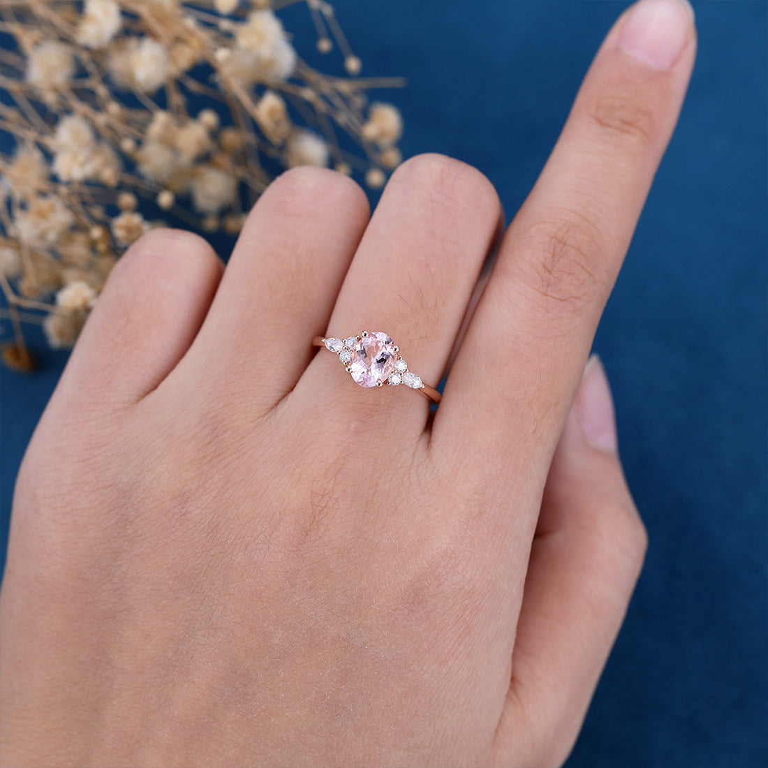 Oval cut Morganite Cluster Engagement ring