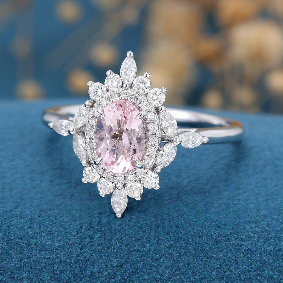 Oval cut Morganite Halo | Cluster Engagement ring 