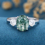 Natural Green Moss Agate Oval cut | Moissanite Engagement ring 