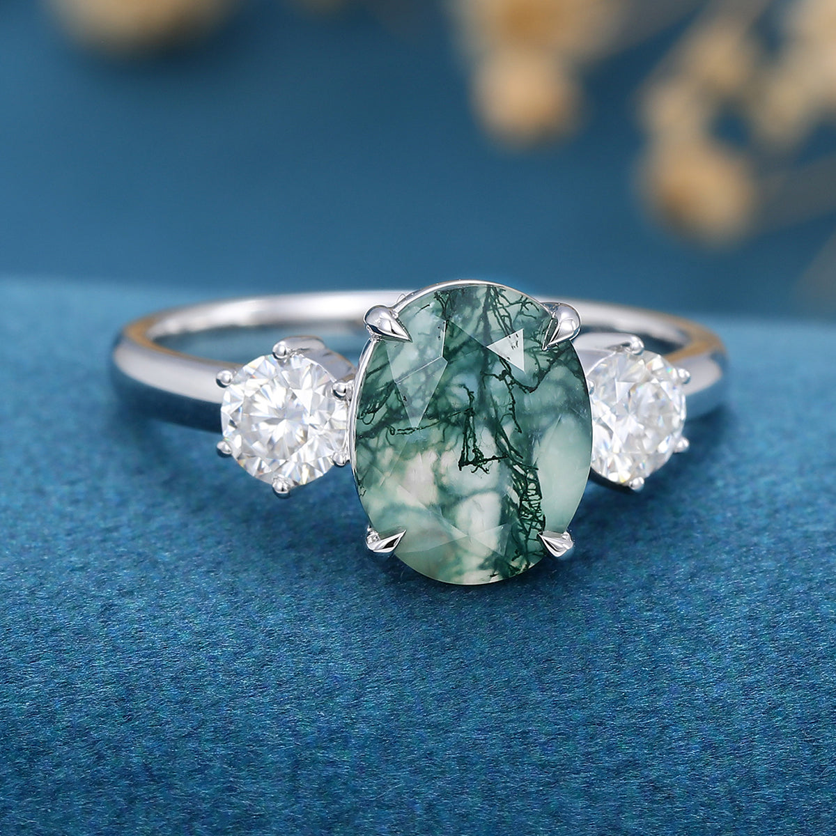 Natural Green Moss Agate Oval cut | Moissanite Engagement ring 