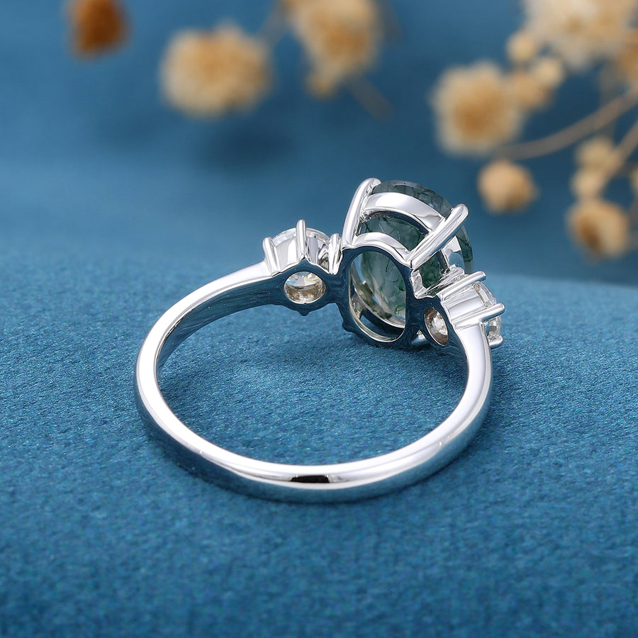 Natural Green Moss Agate Oval cut | Moissanite Engagement ring 