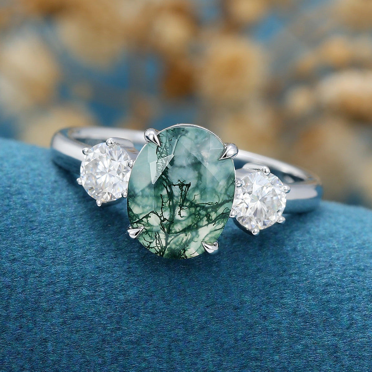 Natural Green Moss Agate Oval cut | Moissanite Engagement ring 