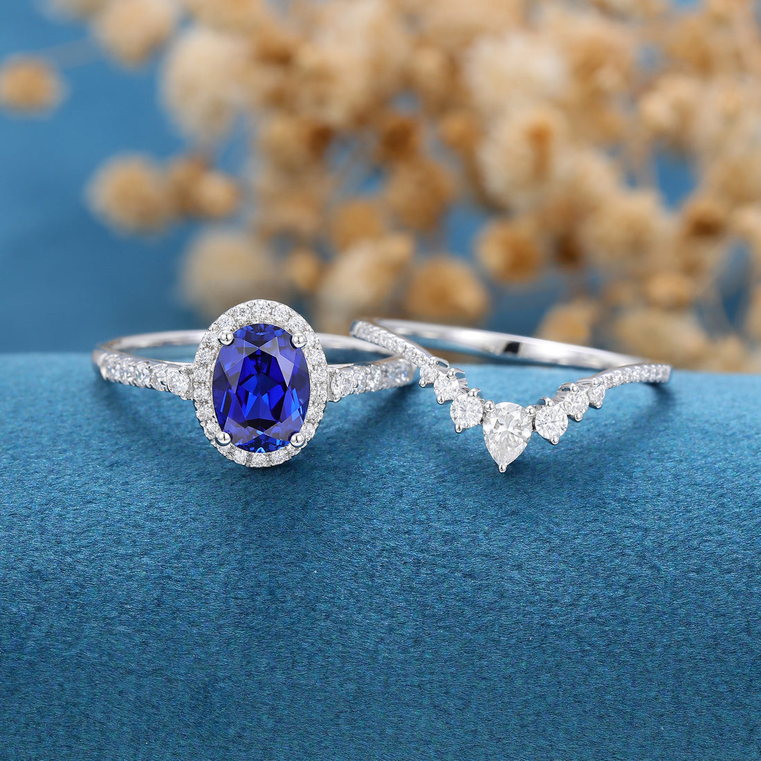 Oval Sapphire Halo | Half Eternity Engagement ring Bridal Set 