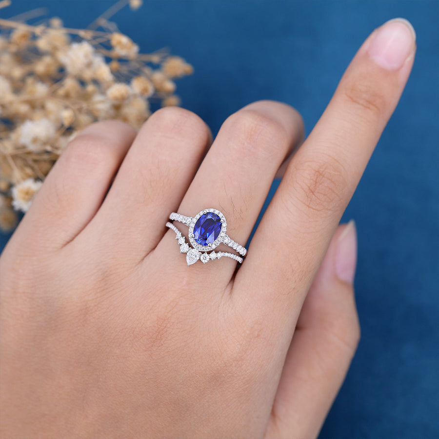 Oval Sapphire Halo | Half Eternity Engagement ring Bridal Set 
