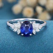 Oval cut Lab Sapphire Cluster Engagement Ring 