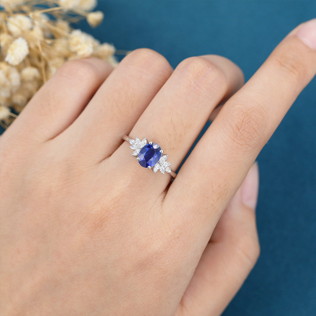 Oval cut Lab Sapphire Cluster Engagement Ring