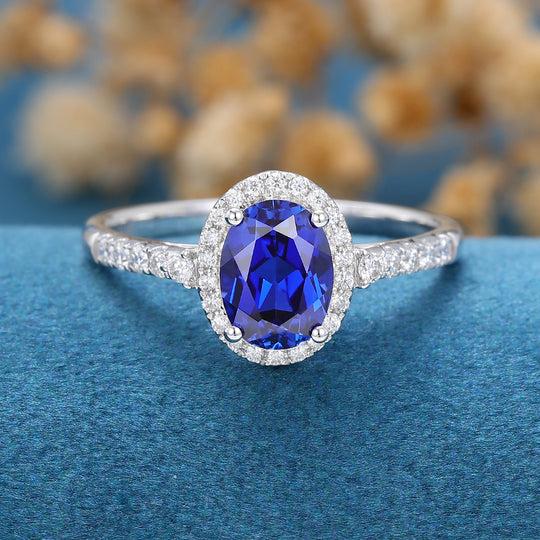 Oval Sapphire Halo | Half Eternity Engagement ring 