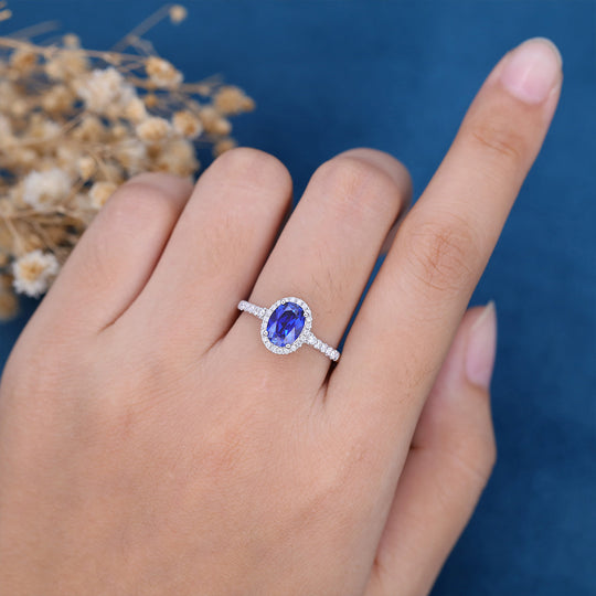 Oval Sapphire Halo | Half Eternity Engagement ring 