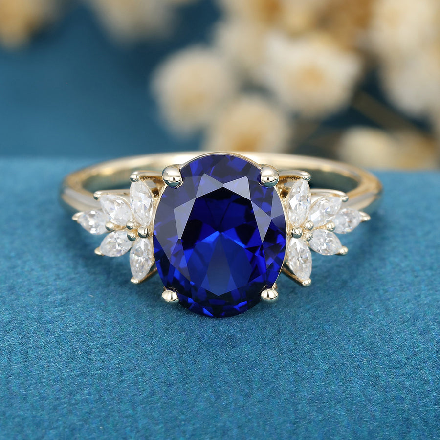 8*10mm Oval cut Sapphire Cluster Engagement Ring 