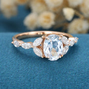 Oval cut White sapphire Cluster Engagement ring 
