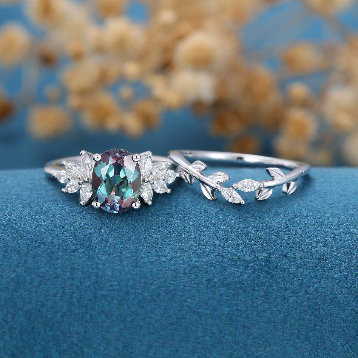 Oval Alexandrite Cluster Engagement Ring Bridal Set 