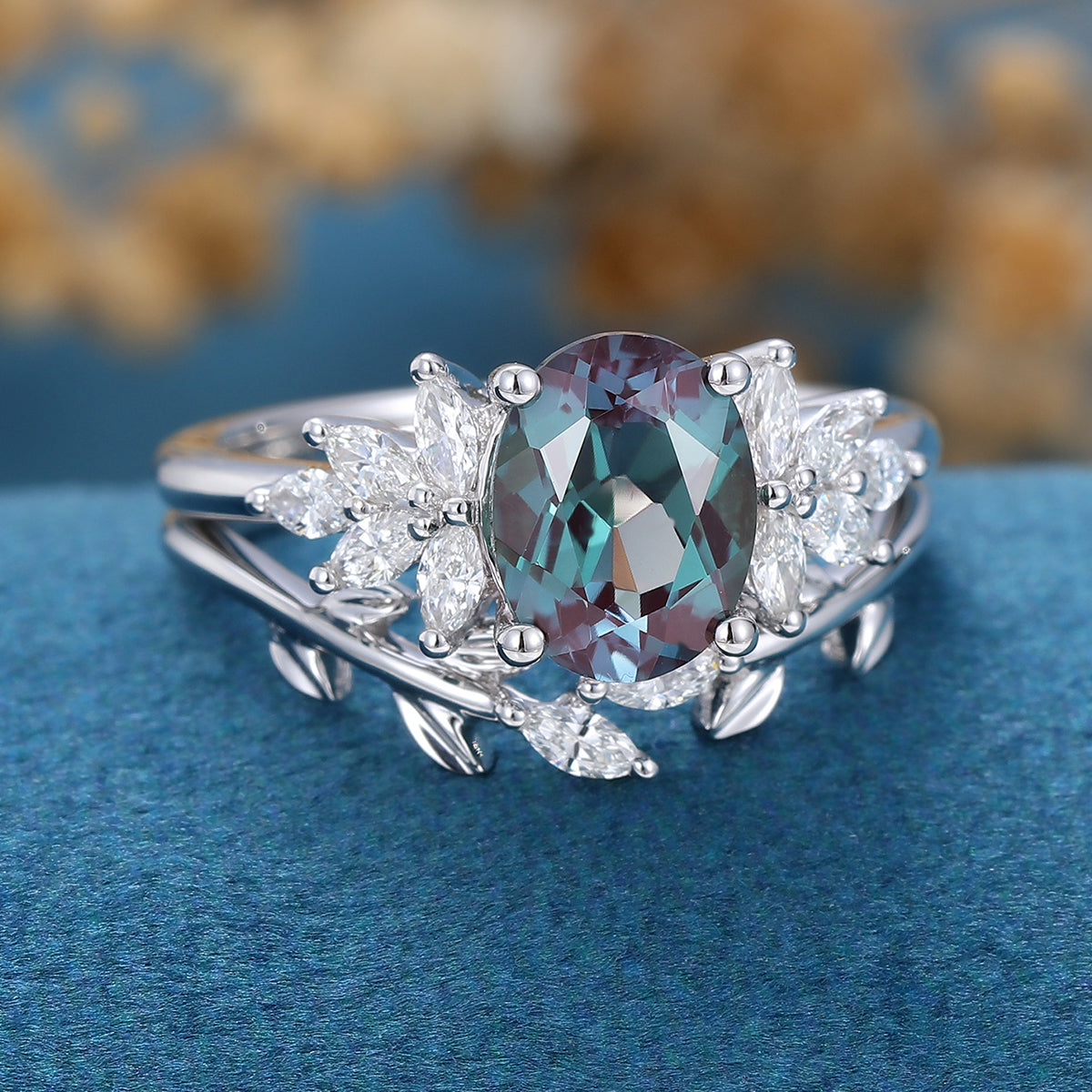 Oval Alexandrite Cluster Engagement Ring Bridal Set 