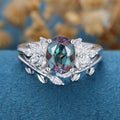 Oval Alexandrite Cluster Engagement Ring Bridal Set 
