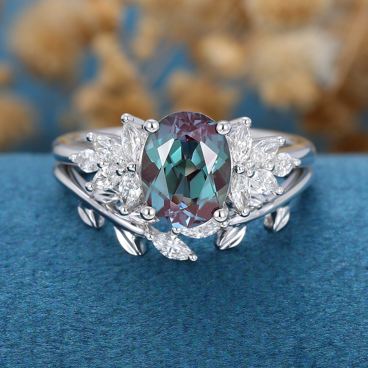 Oval Alexandrite Cluster Engagement Ring Bridal Set 