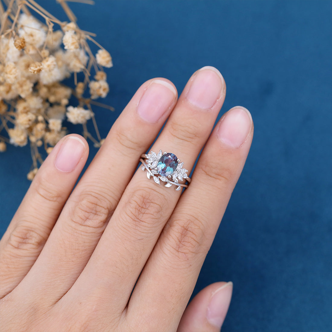 1.5Carat Oval Lab Alexandrite Cluster Engagement Ring Bridal Set