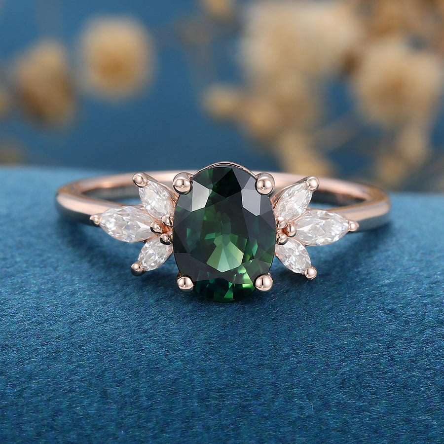 Oval cut Blue-Green Sapphire Cluster Engagement ring 