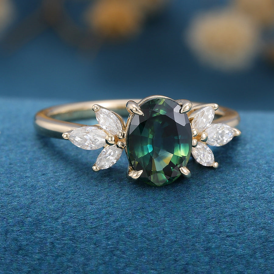 Oval cut Blue-Green Sapphire Engagement Ring 