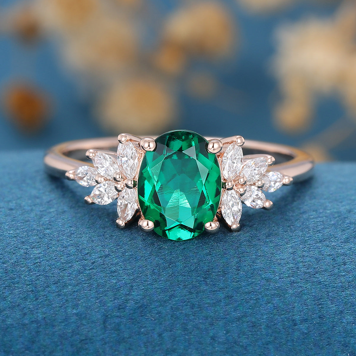 Oval cut Emerald Cluster Engagement ring 