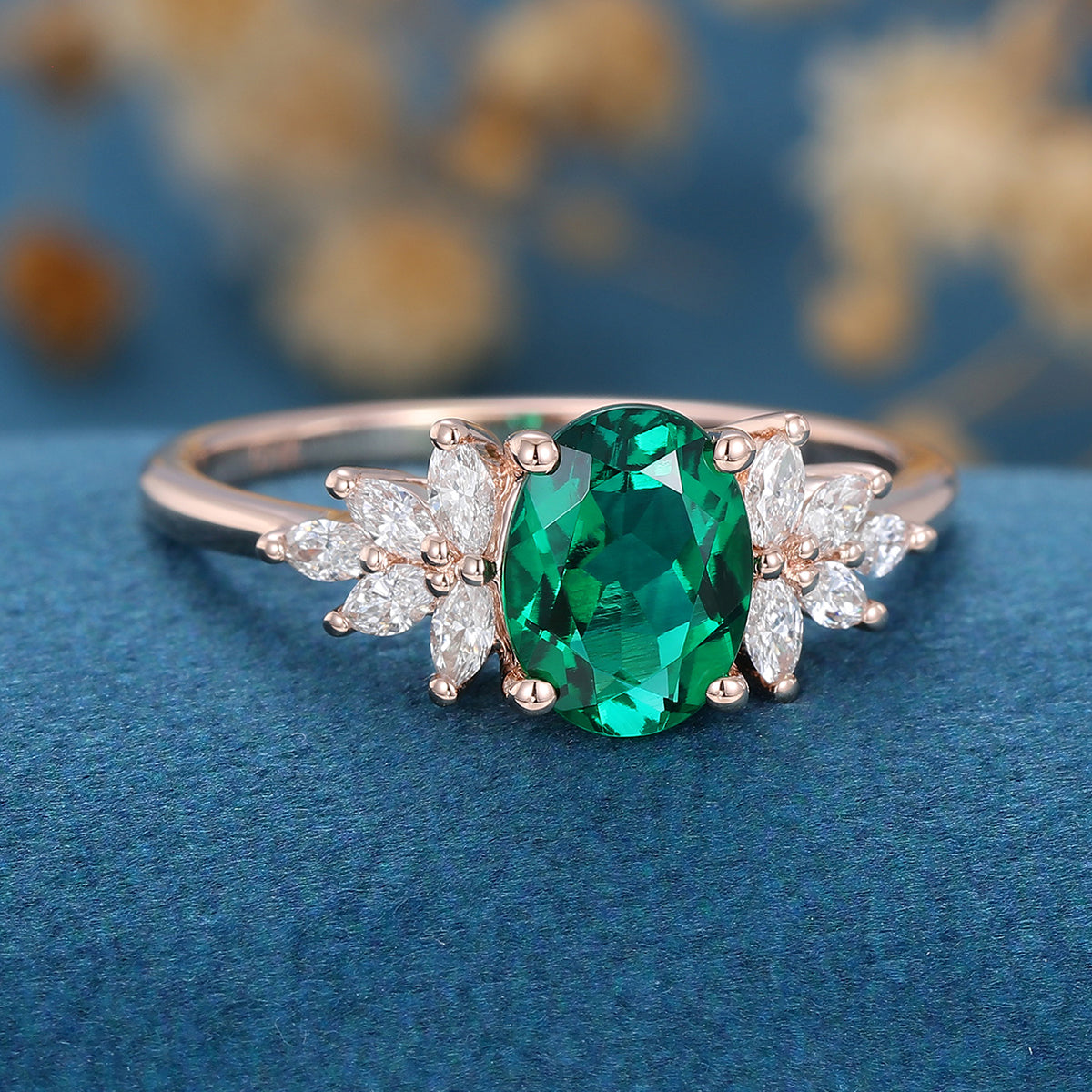 Oval cut Emerald Cluster Engagement ring 