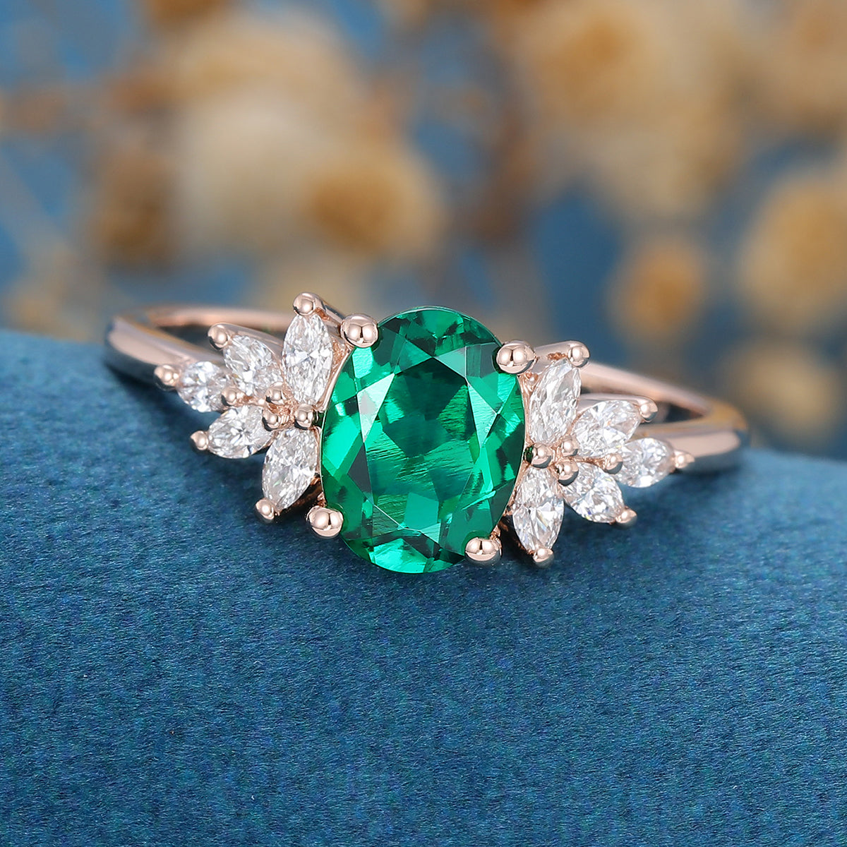 Oval cut Emerald Cluster Engagement ring 