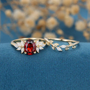 Oval cut garnet Cluster Engagement ring Bridal Set 
