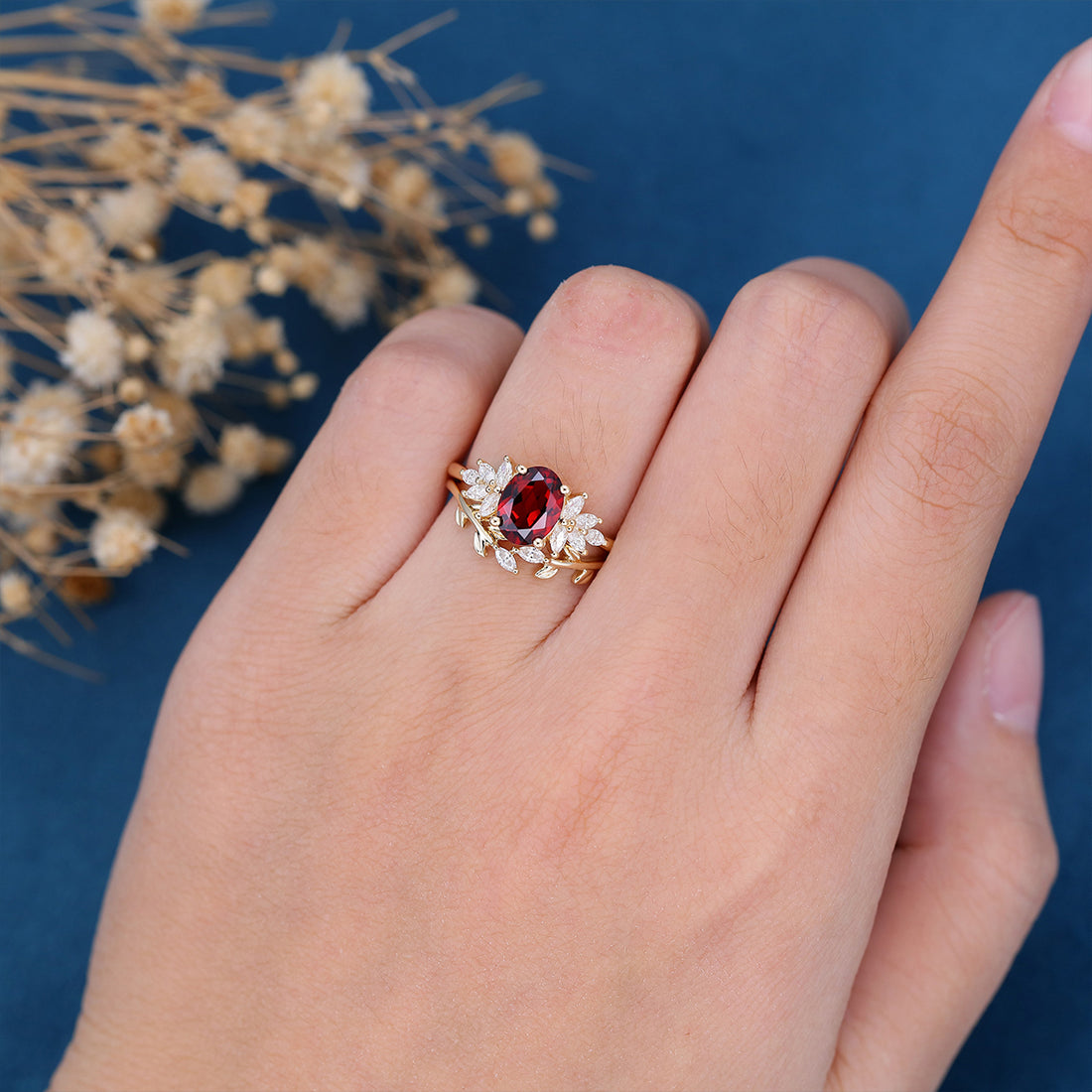 Oval cut garnet Cluster Engagement ring Bridal Set