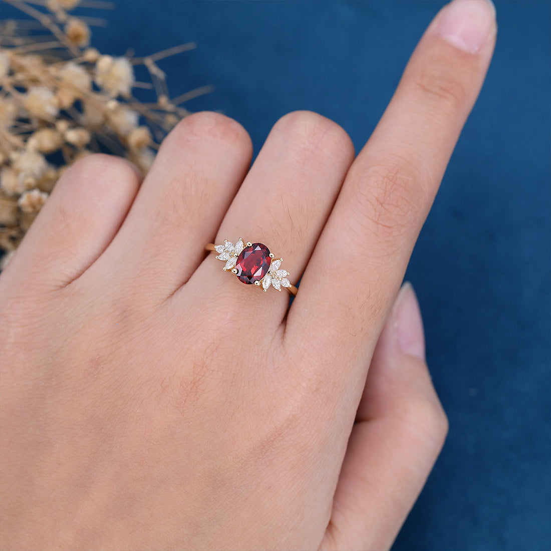 Oval cut garnet Cluster Engagement ring