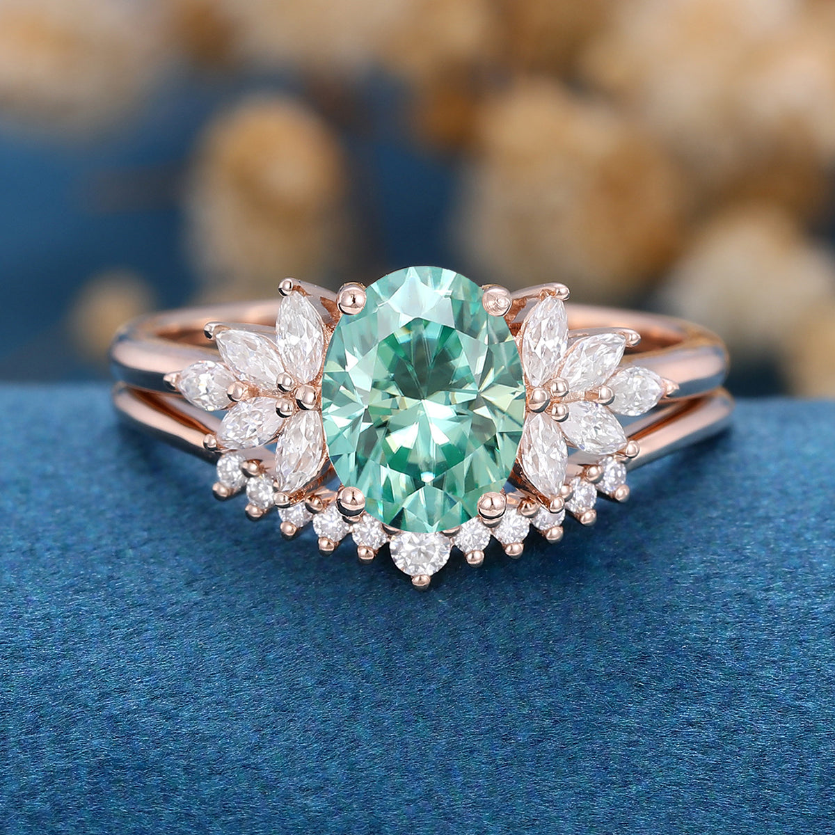 Oval cut Green Moissanite Engagement ring Bridal Set 