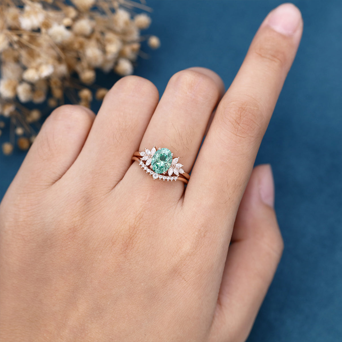 Oval cut Green Moissanite Engagement ring Bridal Set 