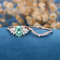 Oval cut Green Moissanite Engagement ring Bridal Set 