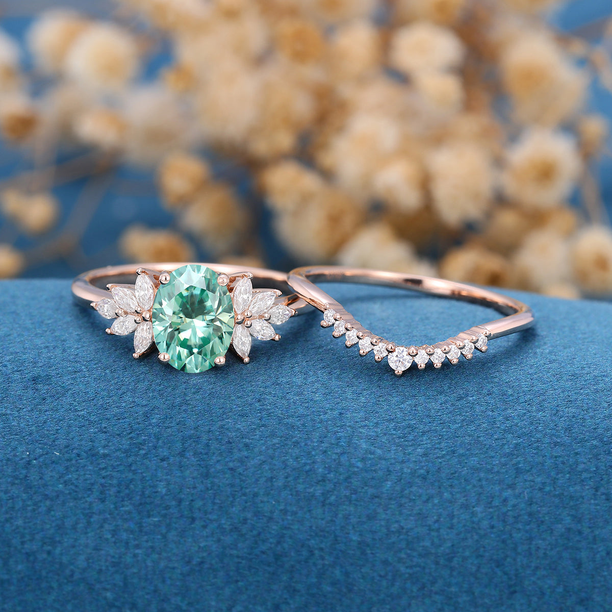 Oval cut Green Moissanite Engagement ring Bridal Set 