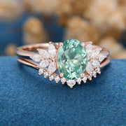 Oval cut Green Moissanite Engagement ring Bridal Set 