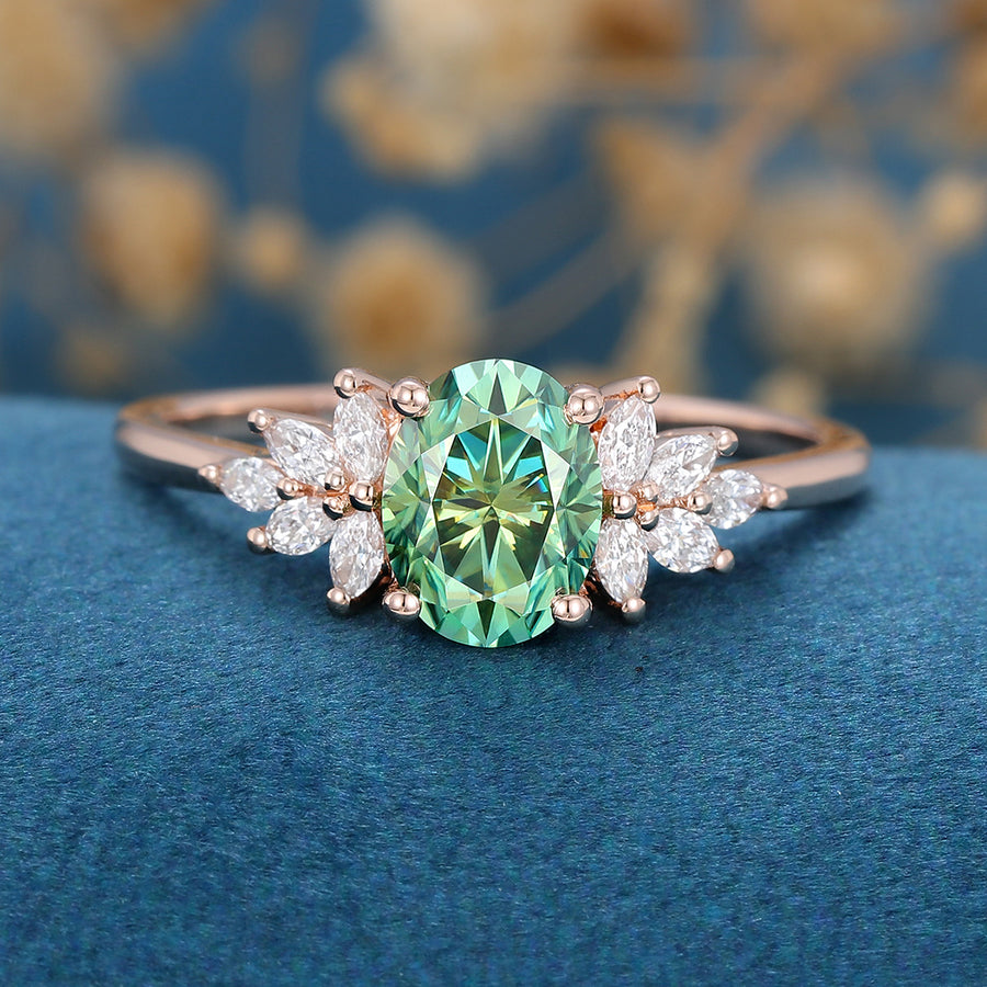 Oval cut Green Moissanite Cluster Engagement Ring 