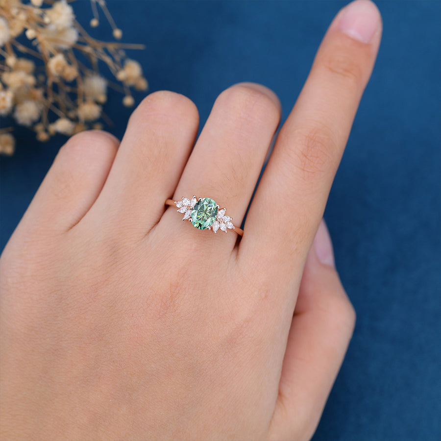 Oval cut Green Moissanite Cluster Engagement Ring 