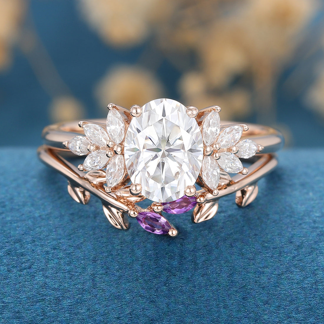 Oval cut Moissanite Cluster Engagement ring Bridal Set 